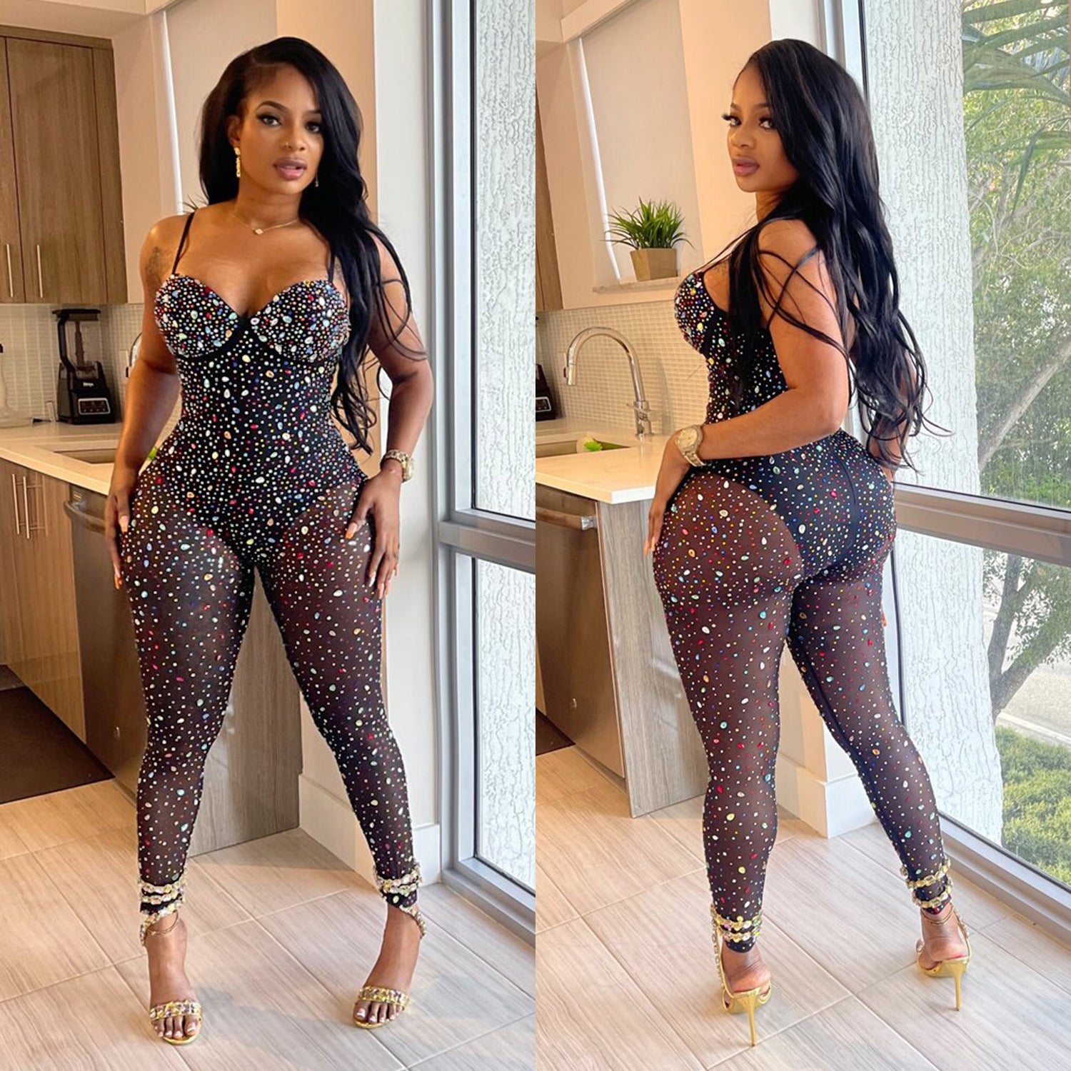 Short-Sleeved Mesh Rhinestone Jumpsuit